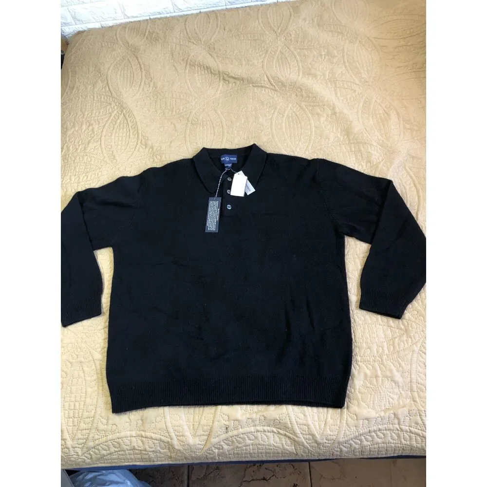 Vtg Y2K NWT Alan Flusser 100% Pure Cashmere Long Sleeve Polo Sweater Black Men M